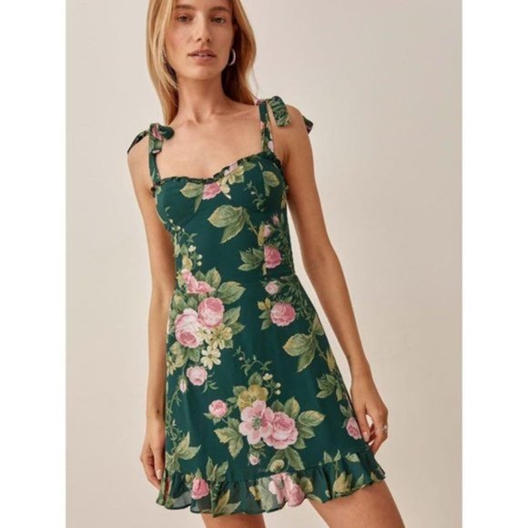 Reformation Dresses & Skirts - Reformation Christine Dress XS Small Mini Belvedere Green Rose Ties Bow sweethea